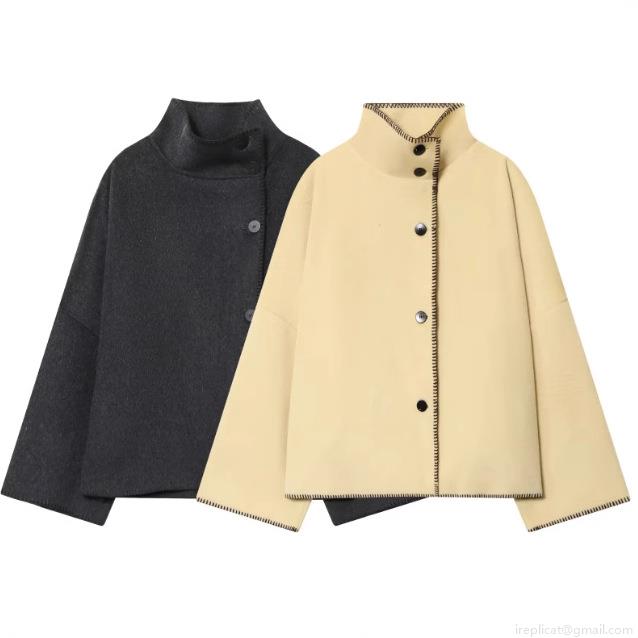 Women's Casual Short Coat Contrast Stitching Wool-like Polyester Jacket Stand Collar Single Breasted Loose Outerwear For Daily Wear