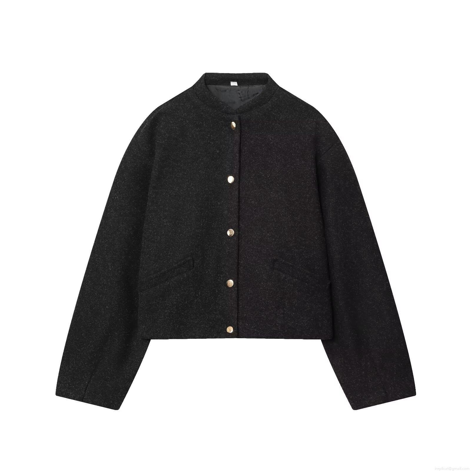 Women Elegant Tweed Texture Bomber Jacket Coat Loose Fit Solid Color Short Outwear With Gold Buttons Round Neck Long Sleeve Casual Streetwear Jacket For Women