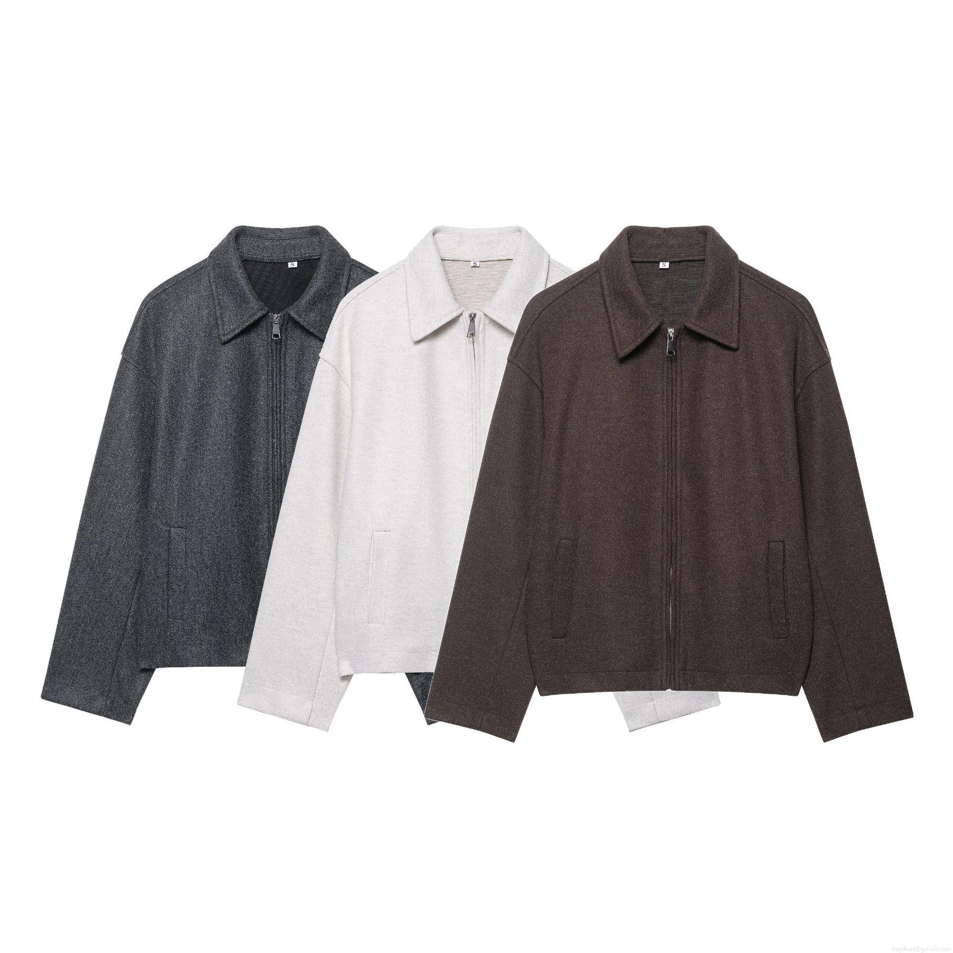 Women's Fashion Woolen Texture Lapel Jacket Loose Zip Up Long Sleeve Casual Outerwear Streetwear Coat For Women Spring Fall