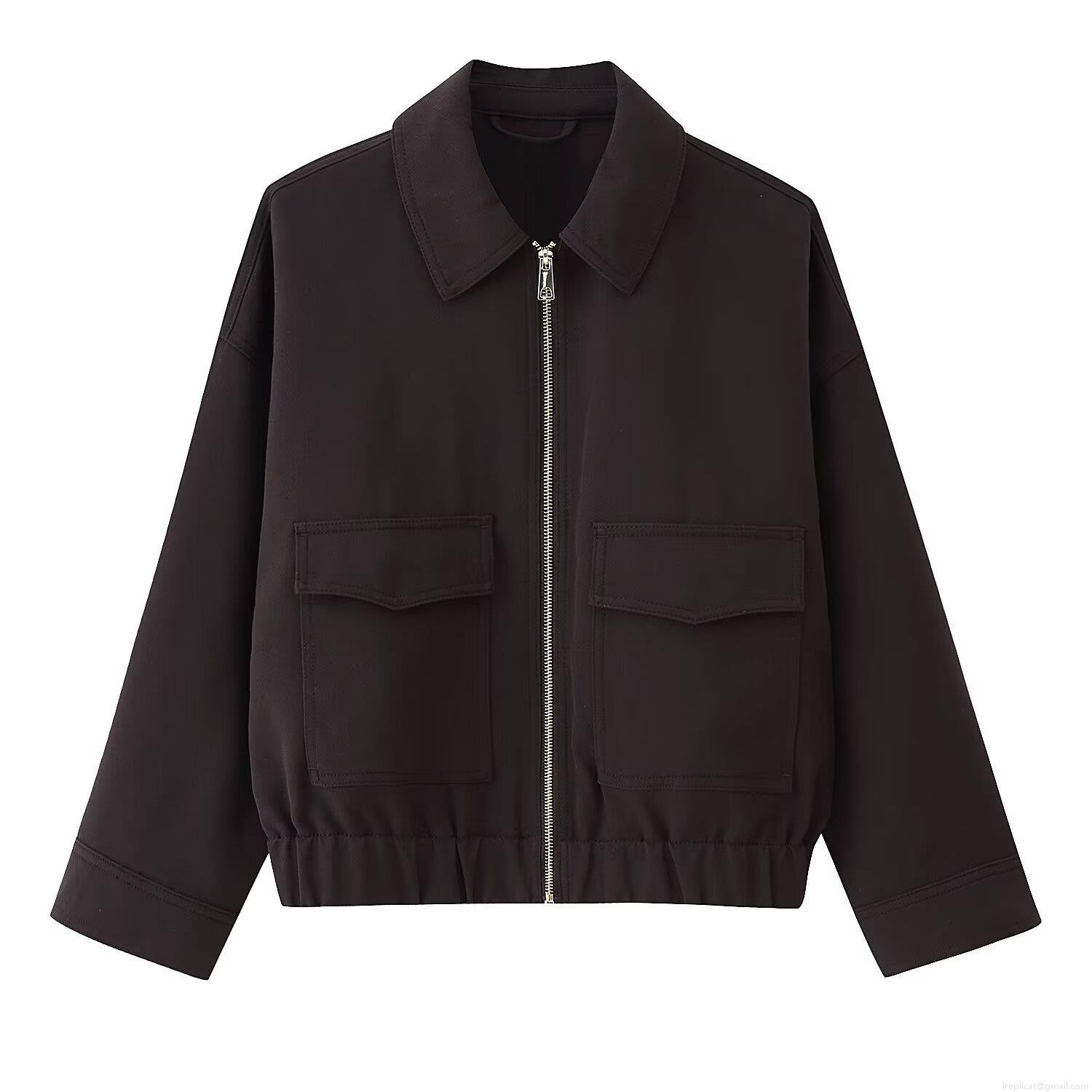 Women's Fashion Solid Color Lapel Zipper Jacket With Pockets Long Sleeve Polyester Loose Casual Streetwear Short Outerwear Coat