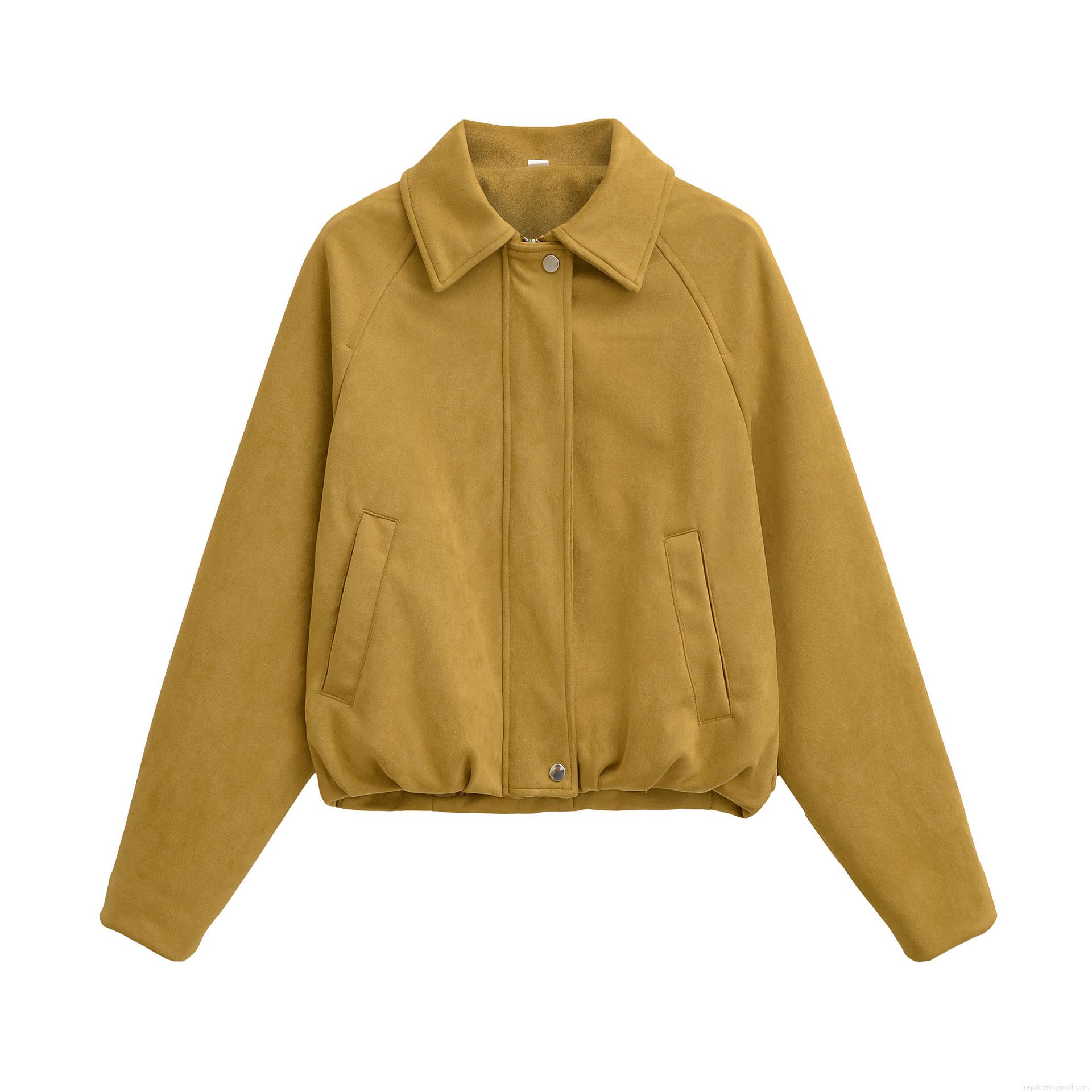 Women's Suede-Like Bomber Jacket Fashion Loose Fit Short Jacket With Pockets Casual Streetwear Long Sleeve Outerwear Solid Color Retro Lapel Coat For Autumn Spring