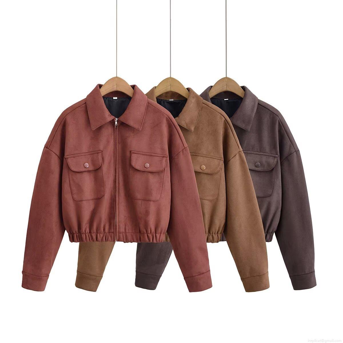 Women's Vintage Faux Suede Jacket Casual Zipped Front Lapel Collar Coat With Cargo Pockets Elastic Hem Long Sleeve Retro Streetwear Outerwear For Women