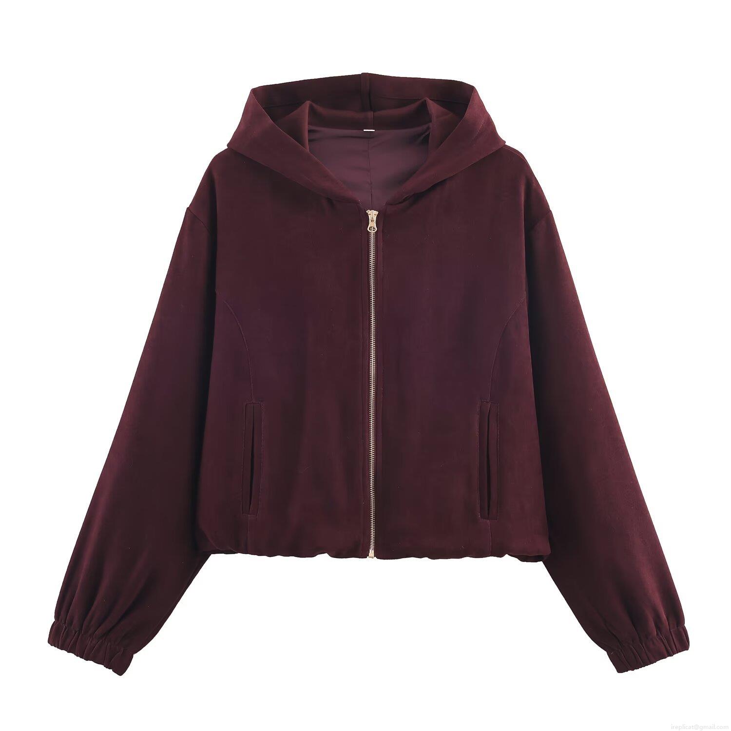 Women's French Style Faux Suede Hooded Jacket Vintage Solid Color Casual Short Zip Up Coat Long Sleeve Spring Autumn Ladies Fashion Outerwear