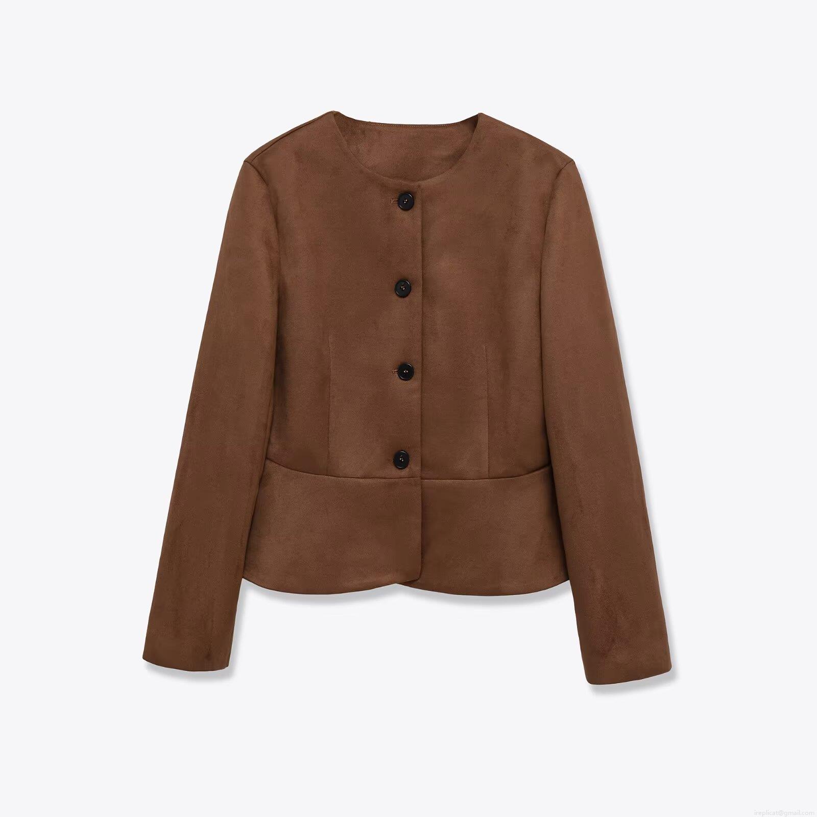 Women's Fashion Faux Suede Jacket Solid Color Round Neck Single Breasted Short Coat Streetwear Casual Outwear For Autumn Winter