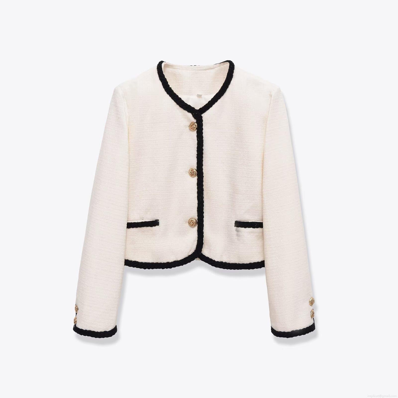 Women's French Elegant Tweed Short Jacket With Black Contrast Trim And Gold Buttons Round Neck Long Sleeve Polyester Coat For Party Office Work