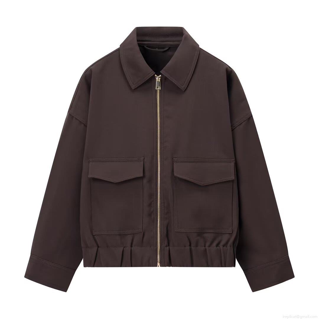 Women's Casual Polyester Zipper Up Jacket Solid Dark Brown Long Sleeve Workwear Cargo Outerwear With Elastic Hem Lapel Pockets