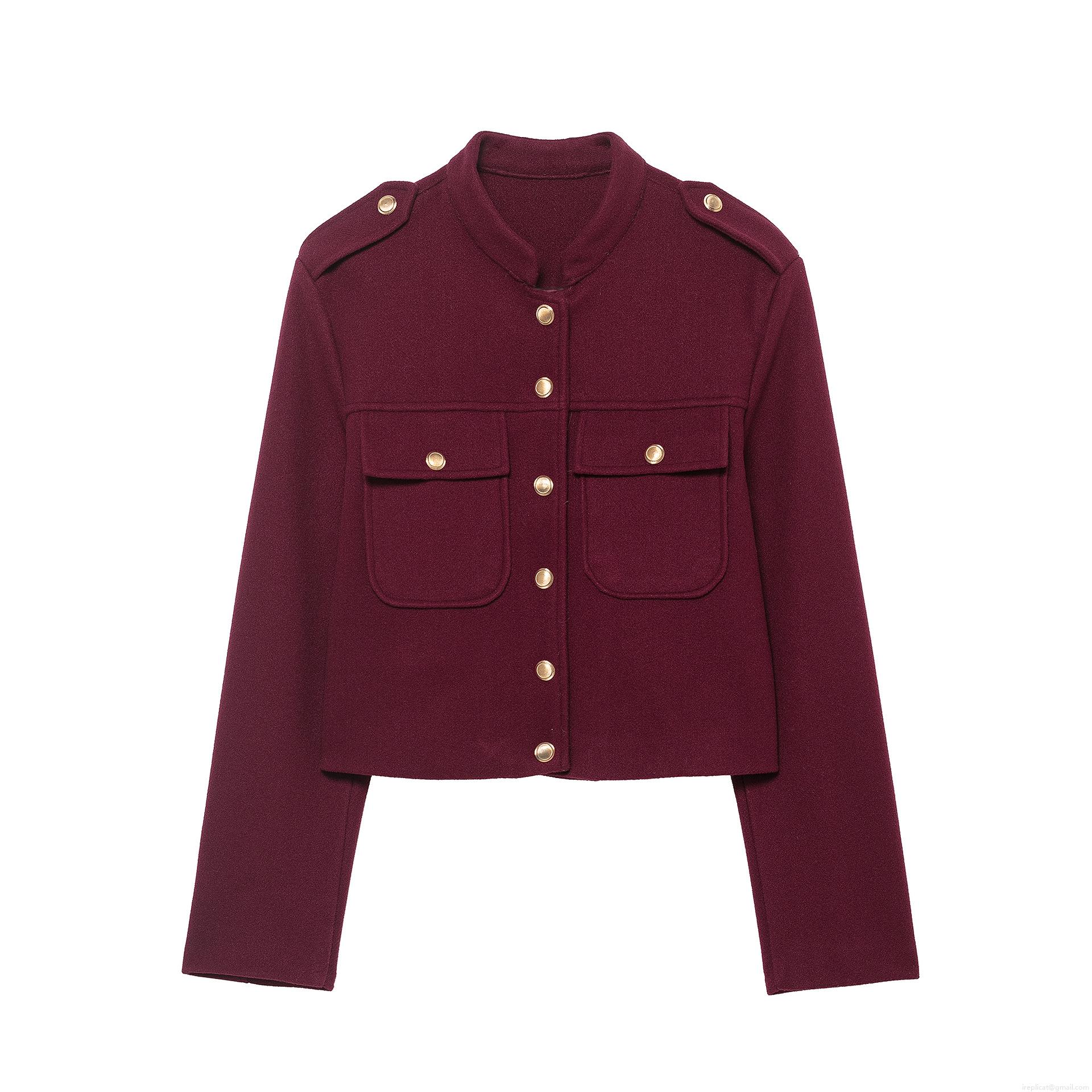 Women's French Style Wine Red Woolen Texture Jacket Elegant Stand Collar Long Sleeve Short Coat With Gold Metal Buttons Slim Fit Fashion Outerwear