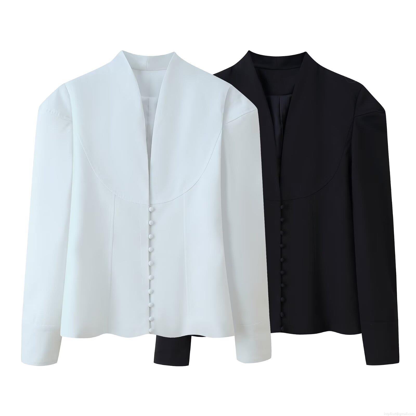 Women's Elegant V Neck Long Sleeve Blazer Jacket Slim Fit Office Lady Suit Top With Cloth Covered Buttons Solid Color Chic Short Outerwear For Women