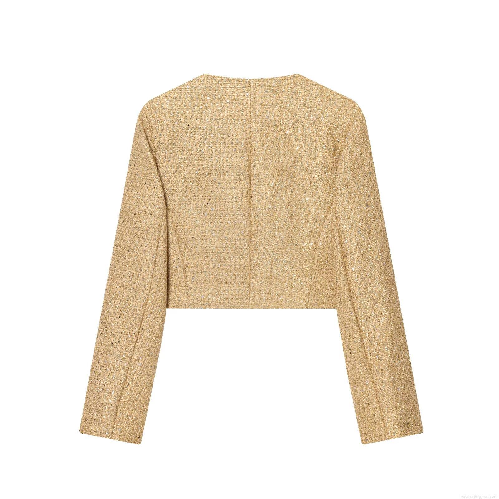 Women's Cropped Gold Sequin Tweed Jacket Vintage Elegant Metallic Thread Long Sleeve Round Neck Button Up Short Coat Luxury Party Outerwear Socialite Style Lady Blazer