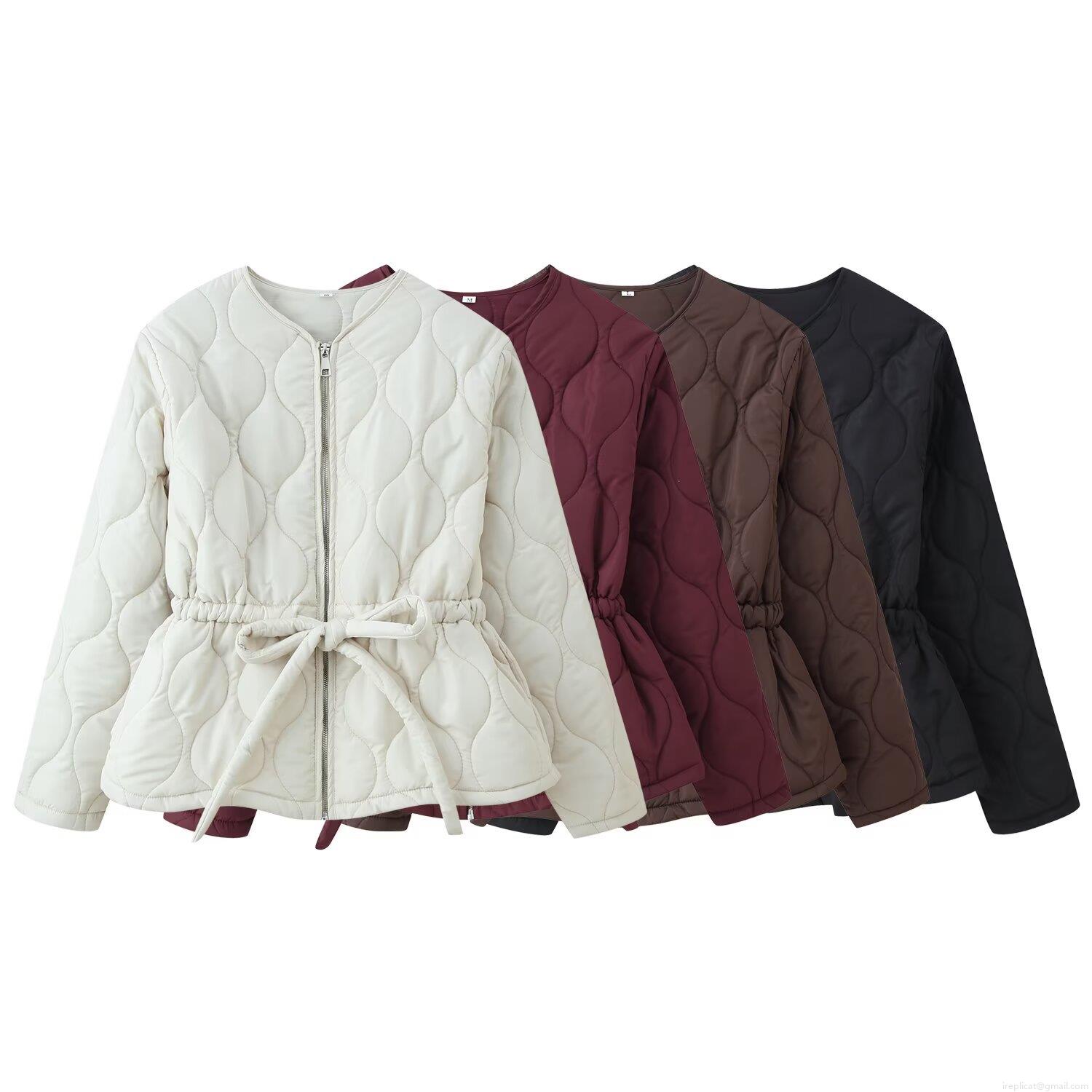 Women's Quilted Cotton Padded Jacket Fashion Round Neck Long Sleeve Waist Tie Coat Casual Polyester Blend Warm Outerwear For Winter Ladies