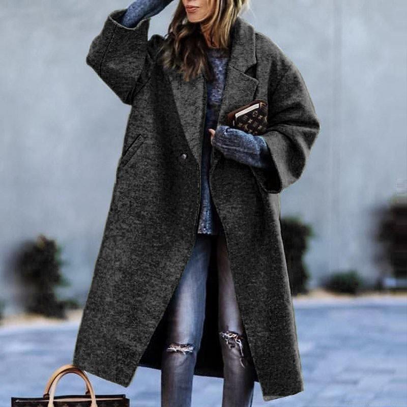 Women's Long Woolen Coat Elegant Double Breasted Lapel Loose Fit Solid Color Polyester Overcoat For Autumn Winter Office Casual Outerwear