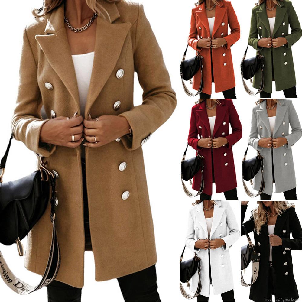 Women's Mid-Length Woolen Coat Double Breasted Suit Collar Solid Color Slim Fit Trench Jacket Elegant Office Lady Winter Autumn Overcoat