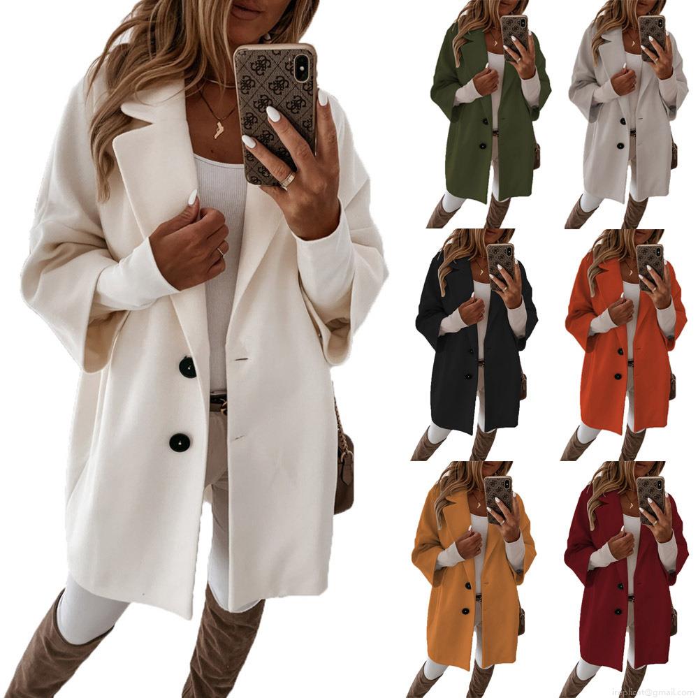 Women Mid-Length Woolen Jacket Elegant Lapel 3/4 Sleeve Solid Color Button Loose Casual Coat Fashion Autumn Winter Outerwear With Pockets For Ladies