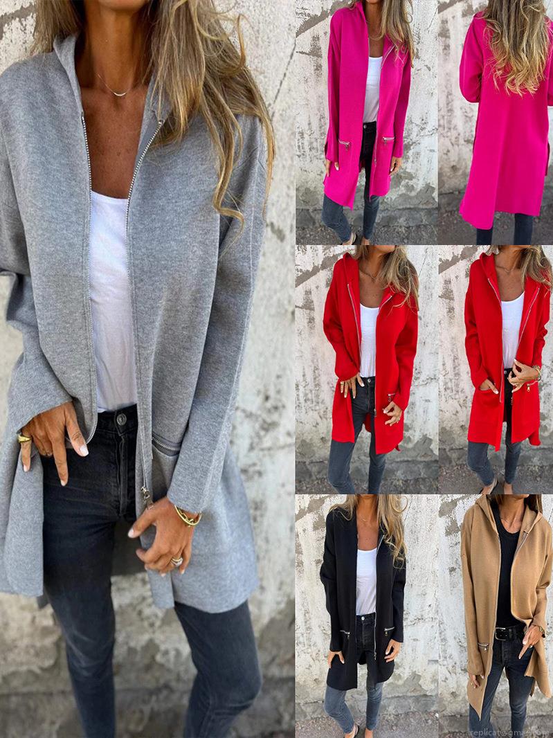 Women's Mid-Length Hooded Cardigan Jacket 95% Polyester 5% Spandex Long Sleeve Zip Up Coat With Side Pockets Casual Loose Fit Outwear For Autumn Winter