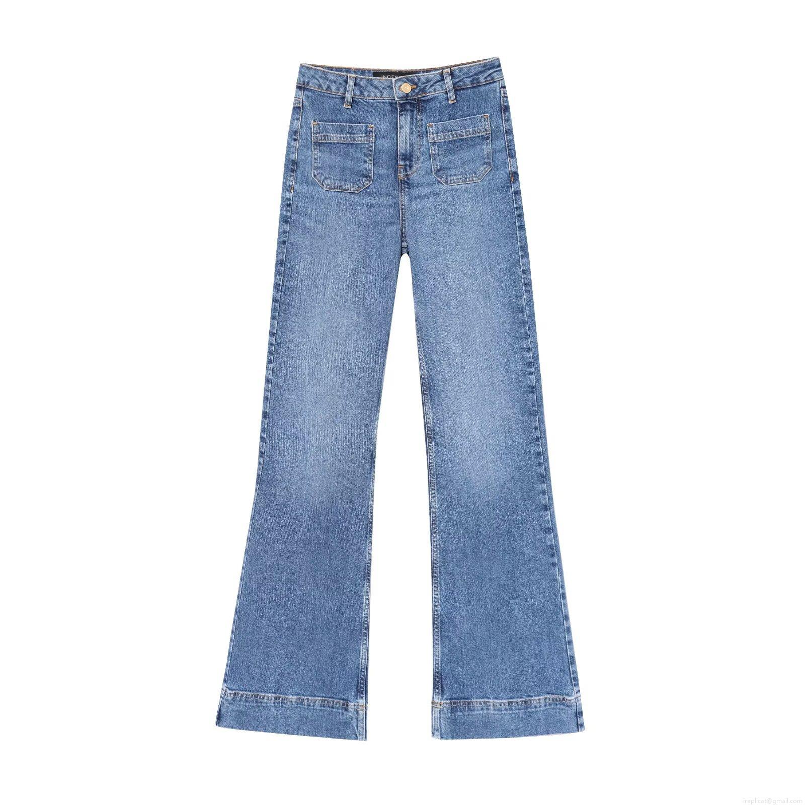 Women's European Street Fashion High Waist Micro Flare Jeans With Large Front Patch Pockets Royal Blue Solid Solid Denim Long Pants