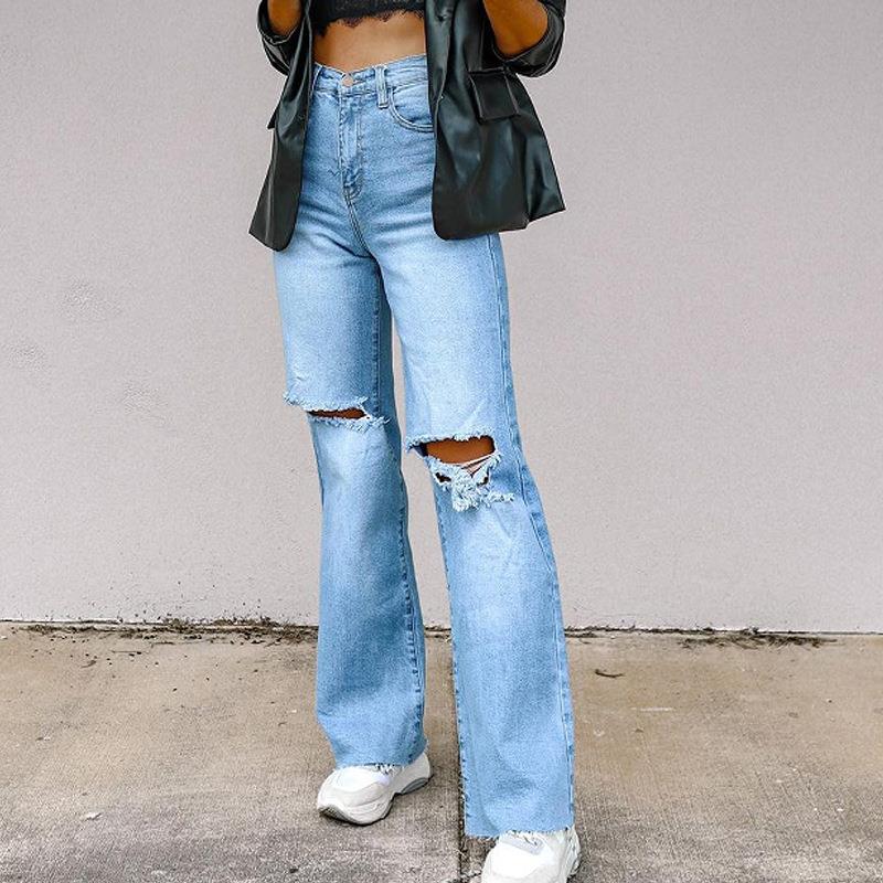 Women's High Waisted Ripped Wide Leg Jeans Distressed Frayed Hem Light Blue Washed Denim Pants Streetwear Sexy Chic Casual Long Trousers