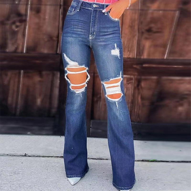 Women High Waist Ripped Flare Jeans Distressed Denim Bell Bottom Pants Casual Streetwear Blue Wash Long Trousers Polyester Denim With Handmade Ripped Details