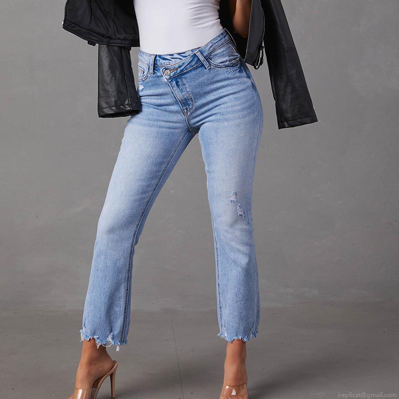Women's High Waist Asymmetrical Criss Cross Denim Jeans Distressed Ripped Wide Leg Straight Long Pants Streetwear Washed Light Blue Cotton Trousers for Women