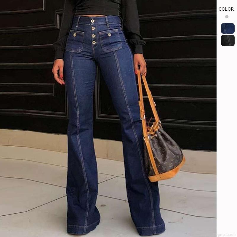 Women's American Retro High Waisted Flared Jeans Cotton Denim Elastic Slim Fit Button Fly Patchwork Washed Long Denim Pants For Women Trendy