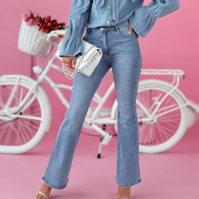 Women's High Waist Flared Jeans Blue Washed Denim Long Pants Slim Fit Stretchy Bell Bottom Trousers for Summer Fashion Commute Casual Elegant Streetwear