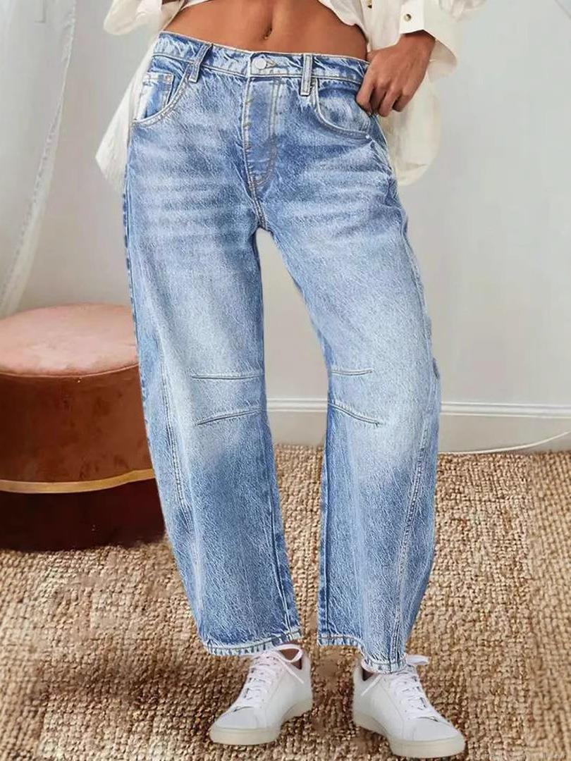 Women's Retro High Waisted Straight Leg Jeans Light Blue Washed Denim Wide Leg Trousers Loose Fit Cotton Blend Streetwear Casual Full Length Pants