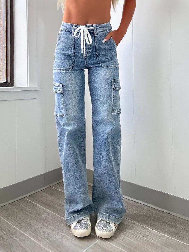 Women's High Waisted Cargo Denim Pants Cotton Blend Straight Leg Drawstring Multi-Pocket Casual Streetwear Washed Blue Jeans