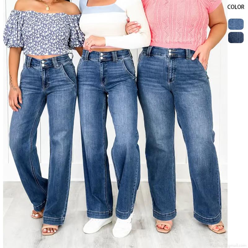 Women's High Waist Straight Leg Jeans Double Button Washed Denim Wide Leg Trousers Casual Streetwear Fashion Pants for Ladies