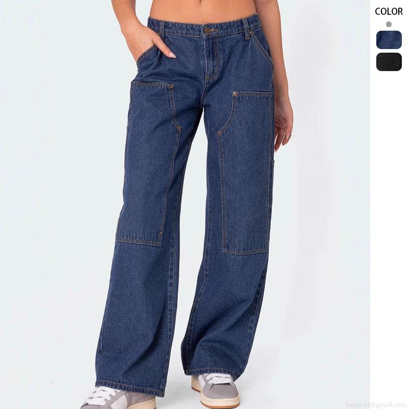 Women Cargo Jeans Double Knee Rivets Wide Leg Straight Denim Pants Streetwear Loose Fit Distressed Denim Trousers For Women