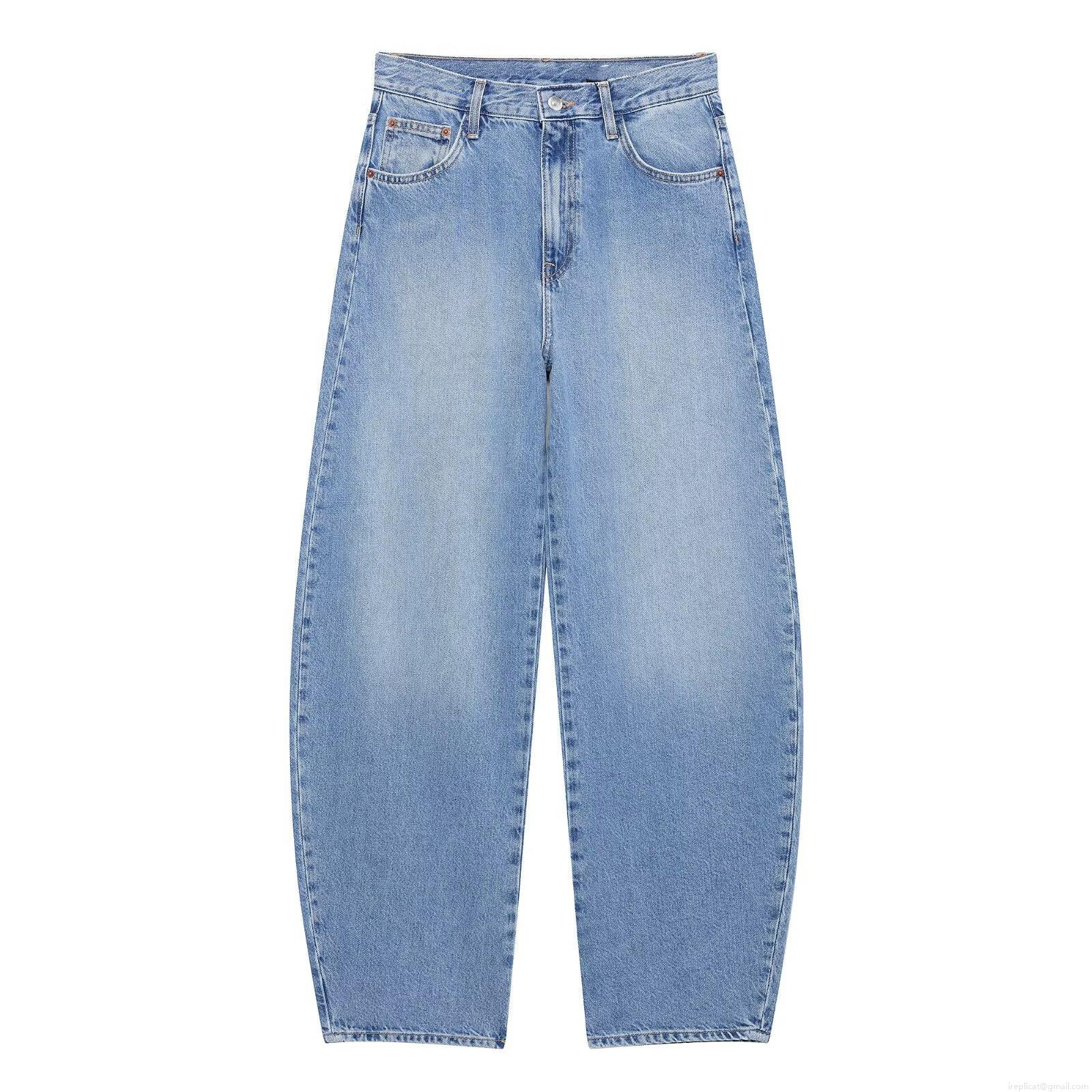 Women's High Waist Denim Jeans Fashion Curved Silhouette Washed Cotton Blend Pants Casual Loose Streetwear Trousers For Women Lady Blue