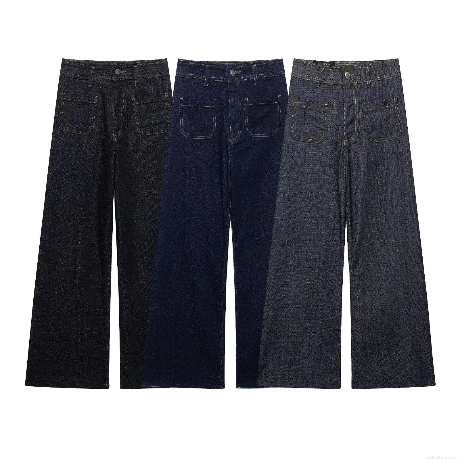 Women's High Waist Wide Leg Denim Jeans Fashion Casual Solid Straight Long Trousers With Pockets For Daily Wear Ladies Comfortable Pants