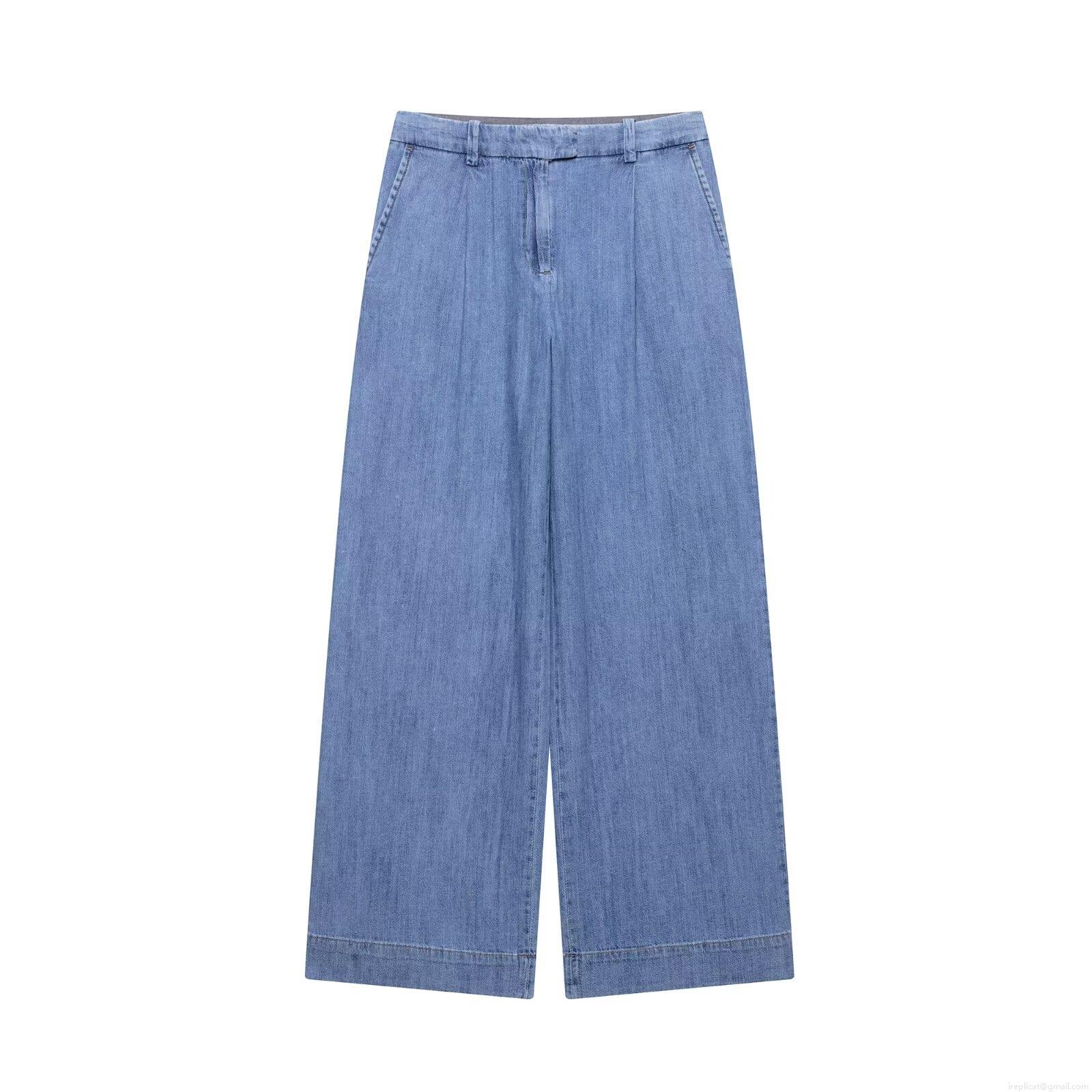 Women's High Waisted Pleated Wide Leg Jeans Washed Cotton Denim Straight Loose Trousers Vintage Streetwear Denim Pants