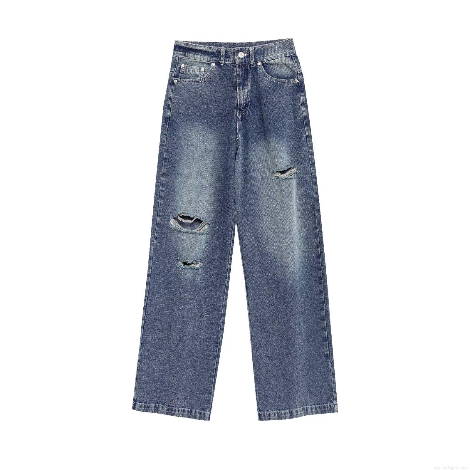 Women High Waisted Ripped Denim Jeans Distressed Straight Leg Washed Blue Casual Streetwear Denim Trousers For Women