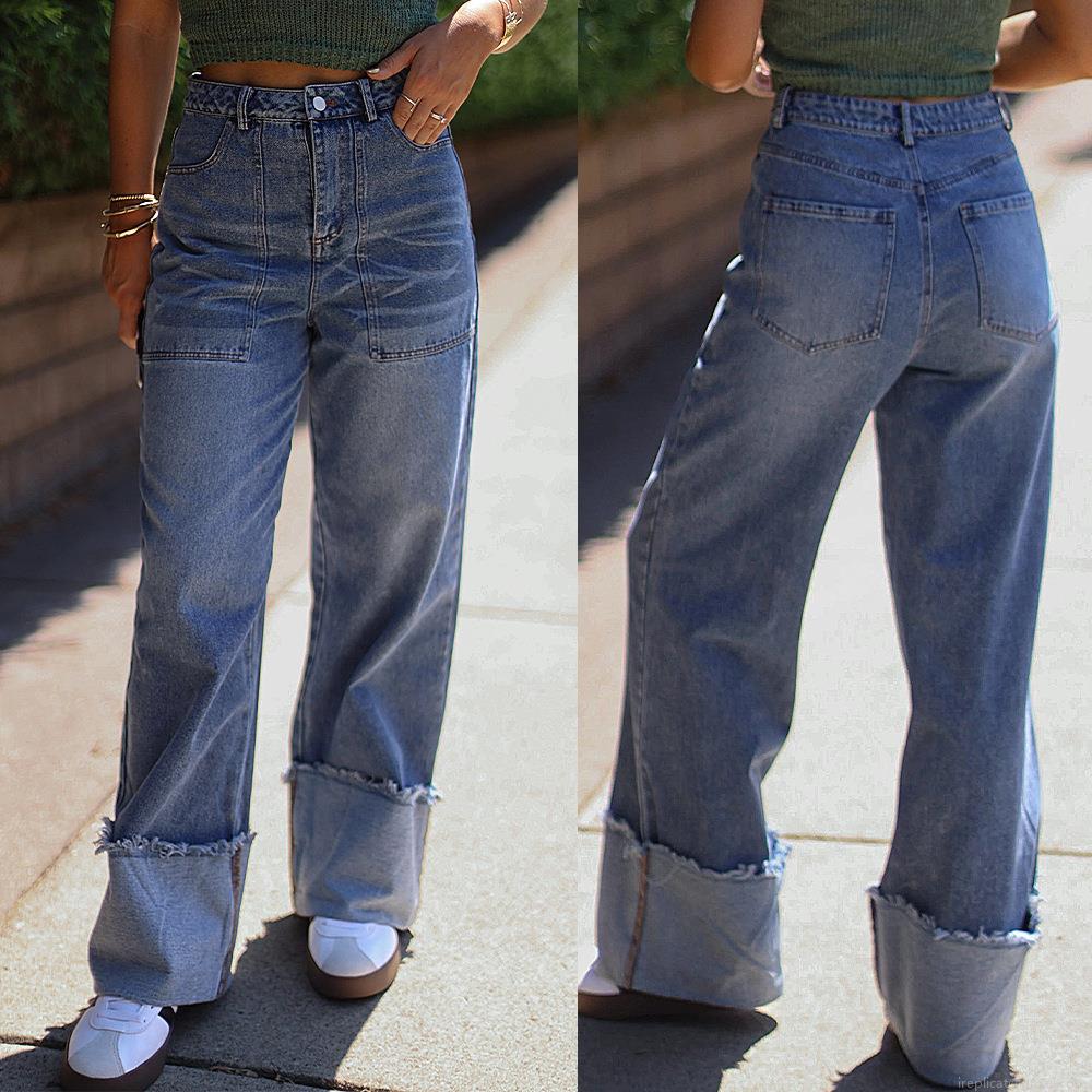 Women's High Waisted Wide Leg Jeans Retro Washed Denim Cotton Blend Cuffed Raw Hem Loose Casual Streetwear Trousers For Daily Street Wear