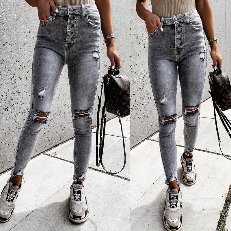 Women's High Waisted Ripped Skinny Jeans Multi Button Fly Distressed Denim Pencil Pants Grey Washed Slim Fit Stretchy Trousers Streetwear