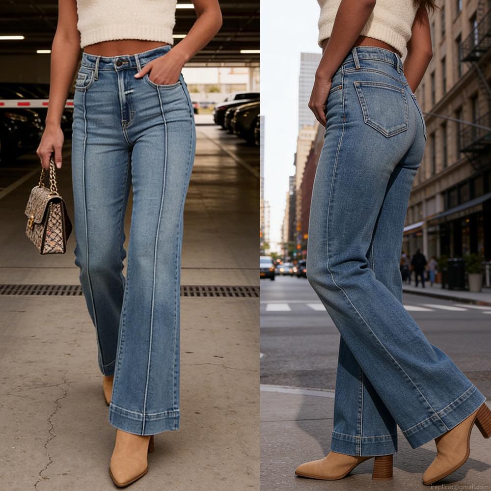 Women's Retro Washed High Waist Flare Jeans With Center Seam Detail Stretchy Cotton Denim Wide Leg Slimming Long Trousers For Casual Streetwear