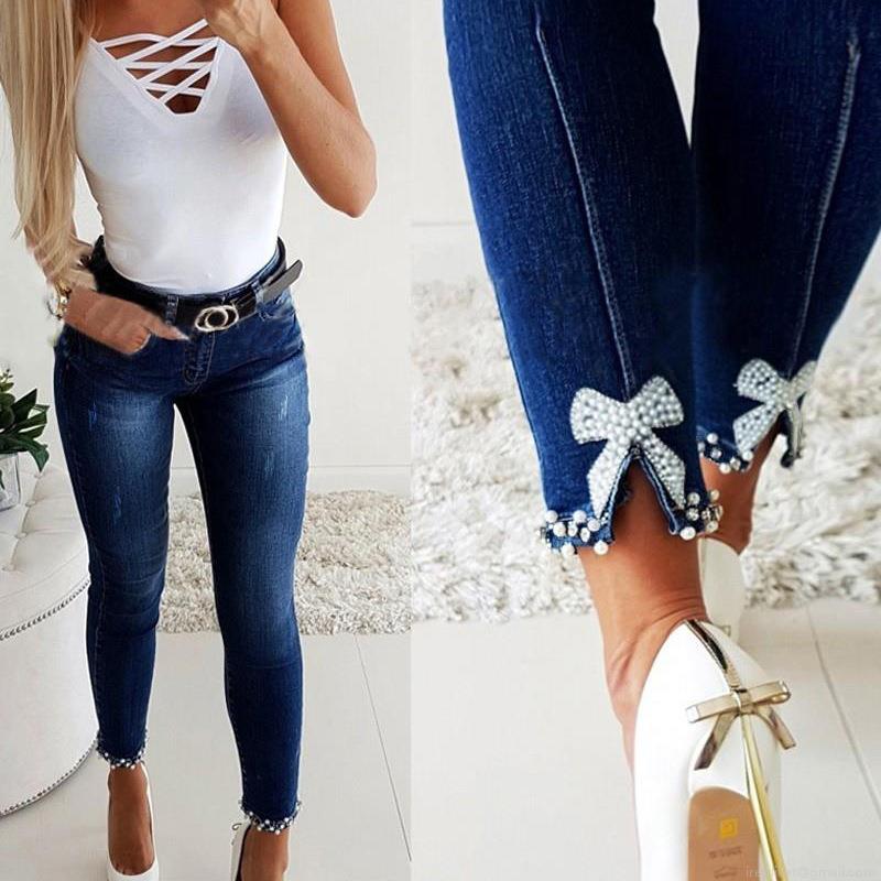 Women's Slim Fit Denim Jeans Pearl Beaded Butterfly Decoration Split Hem Skinny Pencil Trousers High Stretch Fashionable Casual Elegant Denim Pants For Women