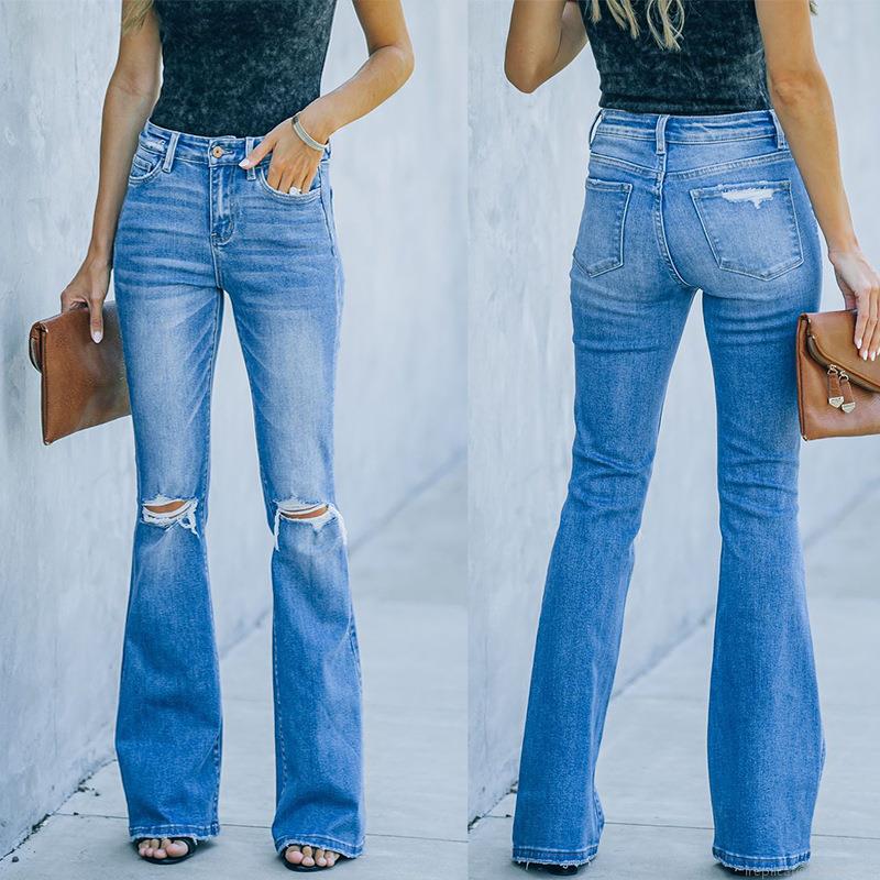 Women's High Waisted Ripped Flare Jeans American Style Cotton Polyester Blend Distressed Stretch Denim Micro Flare Slimming Long Blue Denim Pants