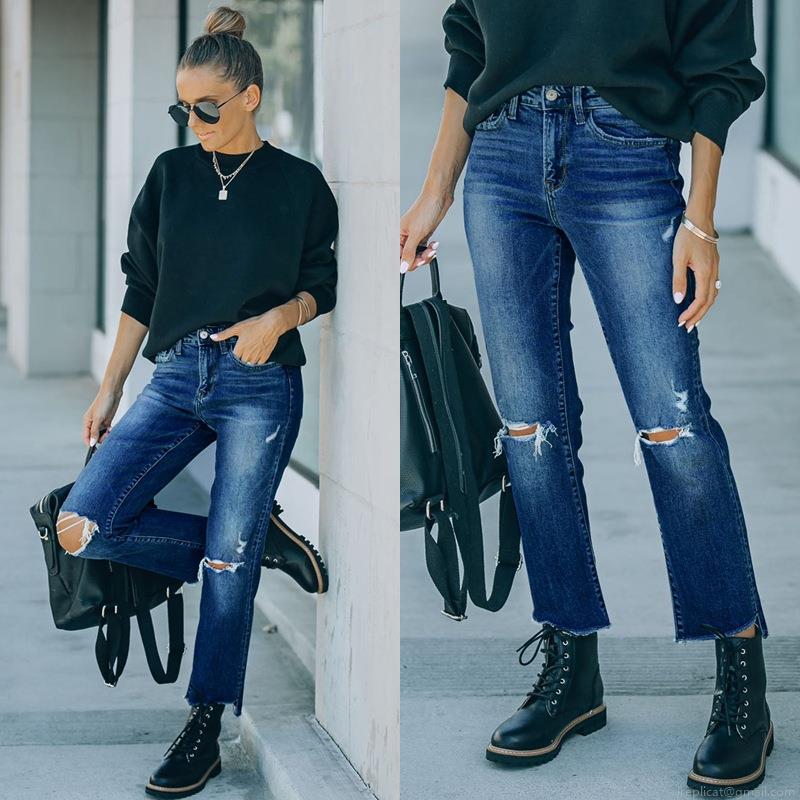 Women's High Waisted Ripped Distressed Jeans Straight Leg Denim Trousers With Raw Hem Washed Cotton Blend Streetwear Casual Pants