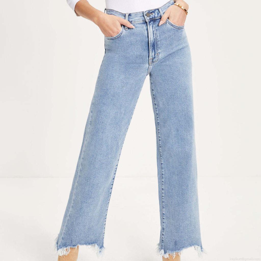 Women's High Waisted Wide Leg Jeans Cotton Denim Distressed Raw Hem Tassel Fringed Bottom Casual Streetwear Vintage Light Blue Denim Trousers