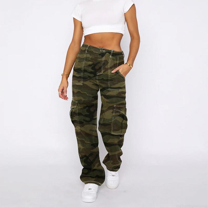Women's Camouflage Cargo Pants Cotton Blend Multi-Pockets High Waisted Straight Leg Denim Trousers Streetwear Fashion Loose Camo Long Pants