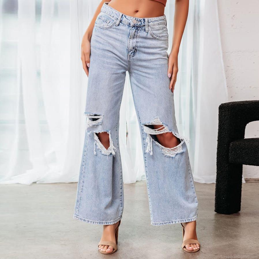 Women's High Waist Ripped Wide Leg Jeans Light Wash Distressed Denim Pants With Raw Hem Straight Loose Fit Casual Trousers For Women Streetwear
