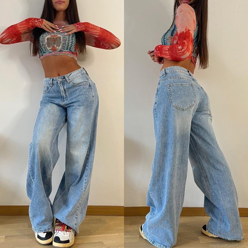 Women's Vintage American High Waist Wide Leg Jeans Light Blue Washed Cotton Polyester Denim Loose Straight Long Pants Retro Casual Streetwear