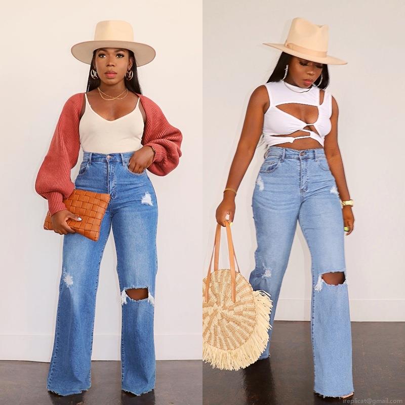 Women's Ripped Wide Leg Jeans Cotton Blend Distressed Denim High Waist Straight Long Pants Streetwear Casual Washed Trousers With Raw Hem