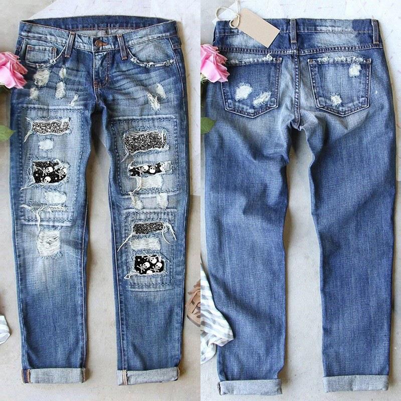 Women's Skull Ripped Patch Denim Jeans Straight Leg Washed Blue Cotton Polyester Trousers Streetwear Punk Style Long Pants For Women