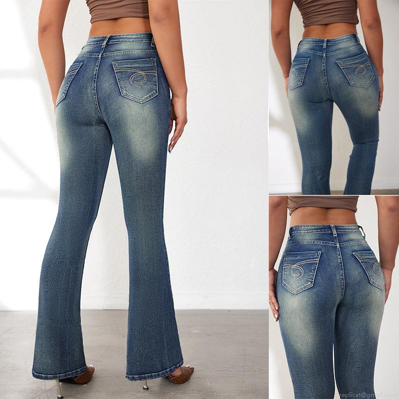 Women's High Waist Flare Jeans Distressed Denim Bell Bottom Trousers Retro Slim Fit Stretchy Patchwork Embroidery Long Pants