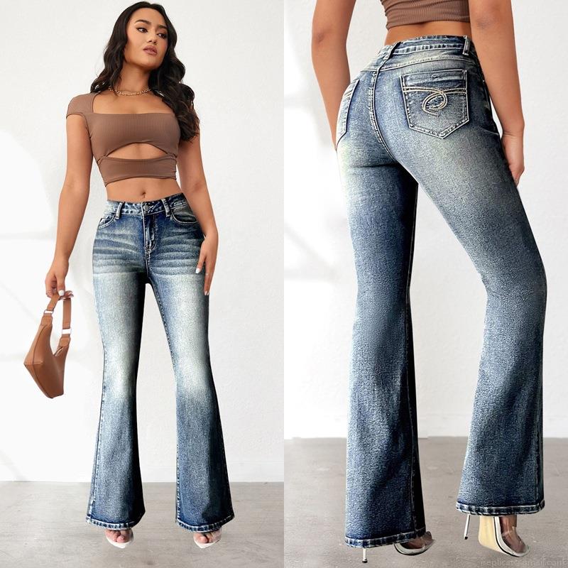 Women's Vintage Washed High Stretch Denim Flare Jeans Slim Fit Hip Lift Micro Flared Pants With Back Pocket Embroidery Streetwear Casual Denim Trousers