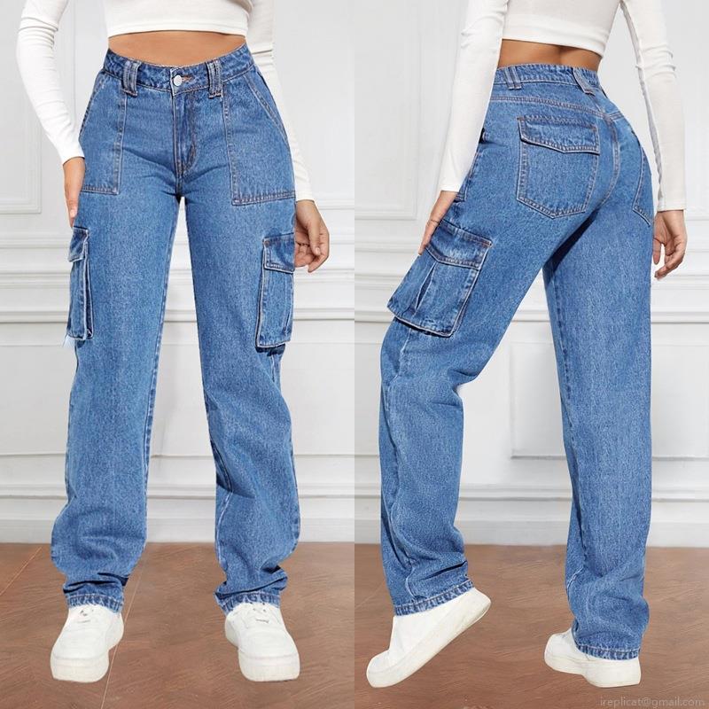 Women's American Retro Cargo Jeans Cotton Blend Denim Multi Pockets Straight Leg Pants Streetwear Casual Mid Waist Blue Denim Trousers