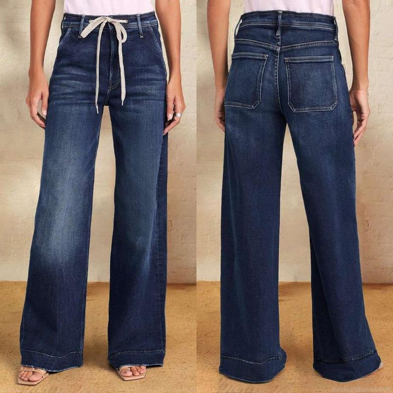 Women's High Waist Wide Leg Denim Jeans With Drawstring Elastic Cotton Blend Straight Pants For Casual Daily Commuting Deep Blue Trousers