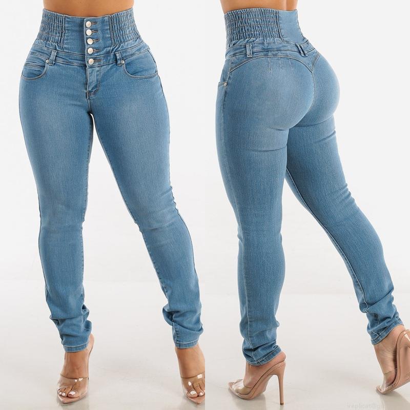 Women High Waisted Skinny Jeans Elastic Cotton Blend Denim Multi-Button Fly Slimming Butt Lift Shaping Long Pants Casual Streetwear Washed Denim Trousers