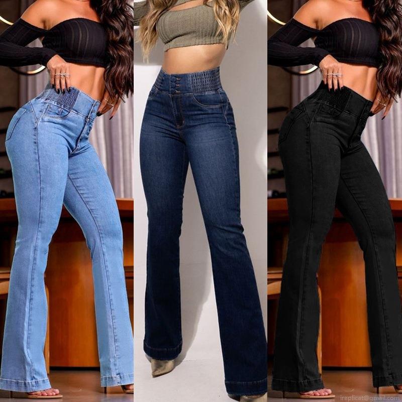 Women High Waisted Micro Flare Jeans Stretchy Cotton Blend Denim Pants Triple Button Elastic Waist Slim Fit Butt Lifting Long Trousers For Daily Street